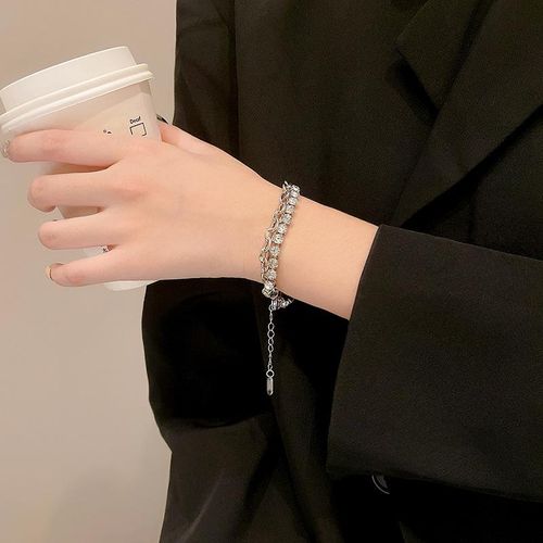 Double layer Cuban chain zircon bracelet for women, niche design, high-end, sweet, cool, light luxury, exquisite and cool style,