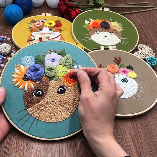 Animal Embroidery Kit For Beginners Hand Diy Craft Kits Cats Embroidery Cross Stitch Kits Needlework Hoop Tool Handmade Sewing