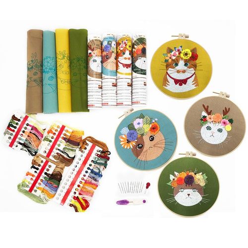 Animal Embroidery Kit For Beginners Hand Diy Craft Kits Cats Embroidery Cross Stitch Kits Needlework Hoop Tool Handmade Sewing