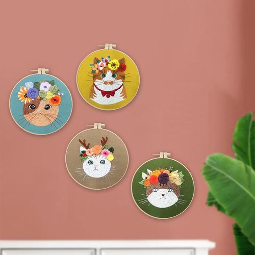 Animal Embroidery Kit For Beginners Hand Diy Craft Kits Cats Embroidery Cross Stitch Kits Needlework Hoop Tool Handmade Sewing