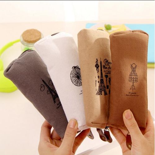 Retro Pencil Bag Fresh And Cotton-Linen Paris Tower Retro Romantic Pencil Box Large Capacity Office Learning