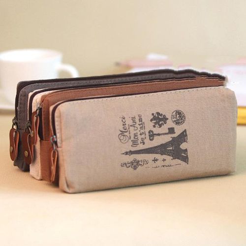 Retro Pencil Bag Fresh And Cotton-Linen Paris Tower Retro Romantic Pencil Box Large Capacity Office Learning