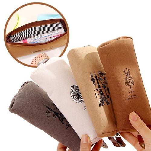 Retro Pencil Bag Fresh And Cotton-Linen Paris Tower Retro Romantic Pencil Box Large Capacity Office Learning