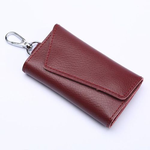Keychain Men Women Key Holder Organizer Pouch Cow Split Car Key Wallet Housekeeper Key Case Mini Bag-Claret_Orange