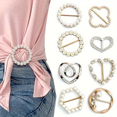 New 8/1pc Corner Hem Waist Knotted Brooches Crystal Pearl Metal Hijab Scarf Ring Button Shirt T-Shirt Fixed Buckle Accessories