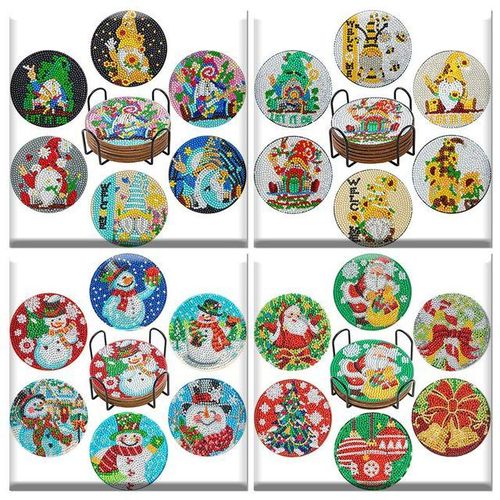 6 Pcs Santa Claus Diamond Paintings Coasters Diamond Art Coasters With Holder Diamond Painting Kits For Beginners Kids Adults