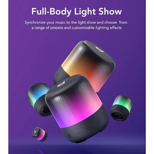 Anker Soundcore Glow Mini Portable Speaker, Bluetooth Speaker with 360° Sound, Light Show, 12H Battery, Customizable EQ and Light, IP67 Waterproof and Dustproof, for Camping, Home, and Beach Parties