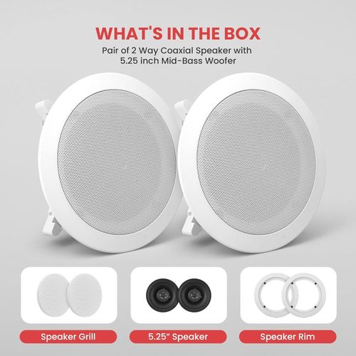 Pyle 5.25&rdquo; Ceiling Wall Mount Speakers - Pair Of 2-Way Midbass Woofer Speaker 1'' Polymer Dome Tweeter Flush Design W/ 80Hz - 20kHz Frequency Response & 150 Watts Peak Easy Installation