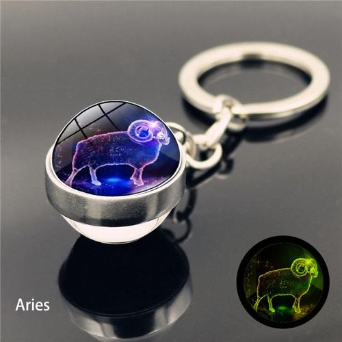 12 Constellation Luminous Keychain Glass Pendant Zodiac Keychain Glow Dark Key Chain Holder Men Women Birthday Gift-Aries