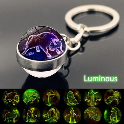 12 Constellation Luminous Keychain Glass Pendant Zodiac Keychain Glow Dark Key Chain Holder Men Women Birthday Gift-Aries