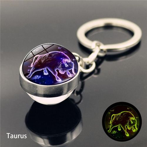 12 Constellation Luminous Keychain Glass Pendant Zodiac Keychain Glow Dark Key Chain Holder Men Women Birthday Gift-Aries