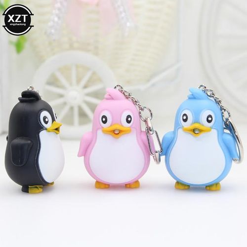 Cute Penguin Keyring LED With Sound Keyfob Kids Toy Gift Fun Animal Keyholder Fashlight Keychain-Pink