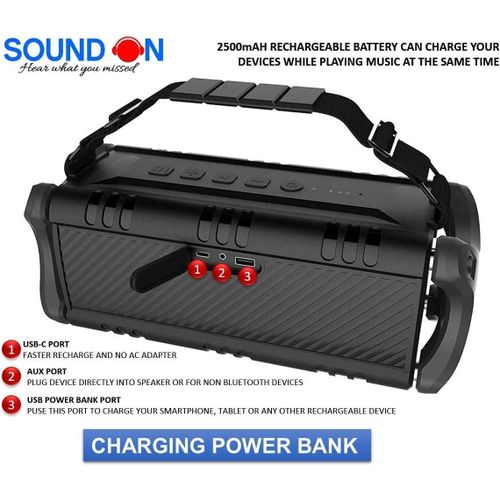 SOUND ON Bluetooth Dual Woofers 40W Portable Speaker, Powerful Booming Bass Sound, Noise cancelling Mic, Waterproof & Dust free, 8 Hours Playback Time, Outdoor/Indoor Equalizer Mode, Power bank- Black