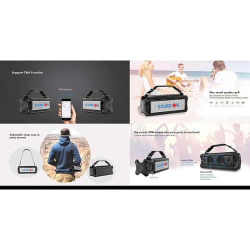 SOUND ON Bluetooth Dual Woofers 40W Portable Speaker, Powerful Booming Bass Sound, Noise cancelling Mic, Waterproof & Dust free, 8 Hours Playback Time, Outdoor/Indoor Equalizer Mode, Power bank- Black