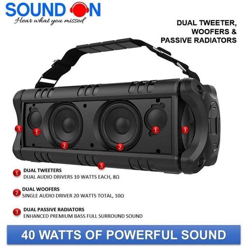 SOUND ON Bluetooth Dual Woofers 40W Portable Speaker, Powerful Booming Bass Sound, Noise cancelling Mic, Waterproof & Dust free, 8 Hours Playback Time, Outdoor/Indoor Equalizer Mode, Power bank- Black