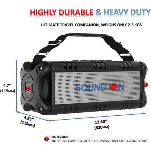 SOUND ON Bluetooth Dual Woofers 40W Portable Speaker, Powerful Booming Bass Sound, Noise cancelling Mic, Waterproof & Dust free, 8 Hours Playback Time, Outdoor/Indoor Equalizer Mode, Power bank- Black