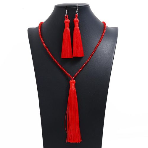 Conjunto De Joyas De Cristal Largo Para Mujer Collares De Cuentas Hilo Hecho A Mano Tela De Seda Borla Pendientes Colgantes Para Mujer
