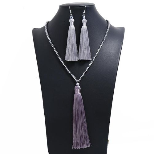 Conjunto De Joyas De Cristal Largo Para Mujer Collares De Cuentas Hilo Hecho A Mano Tela De Seda Borla Pendientes Colgantes Para Mujer