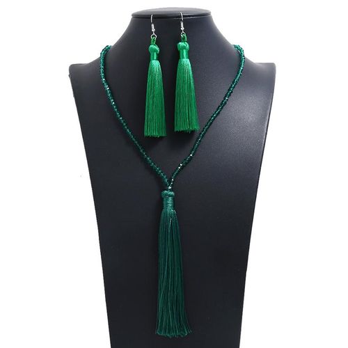 Conjunto De Joyas De Cristal Largo Para Mujer Collares De Cuentas Hilo Hecho A Mano Tela De Seda Borla Pendientes Colgantes Para Mujer