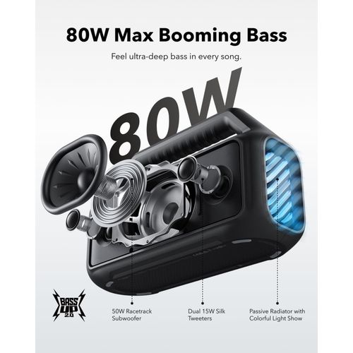 Anker Soundcore Bluetooth Speaker & Soundcore Boom 2 Outdoor Speaker, 80W, Subwoofer, BassUp 2.0, 24H Playtime, IPX7 Waterproof, Floatable, RGB Lights, USB-C, Custom EQ, Bluetooth 5.3