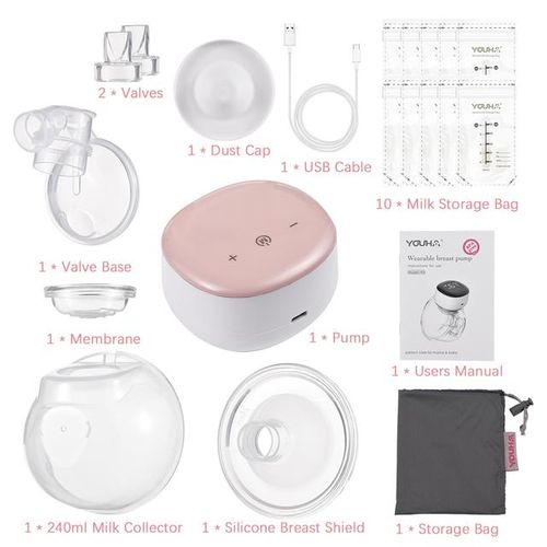 YOUHA Double Wearable Breast Pump + 10pcs Milk Storage Bags Hands Free Electric Breast Pump 24mm/28mm Breast Shield 240ml