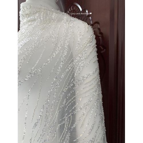 5yards Soft White Tulle Mesh Silvery Sequins Beaded Lace Fabric Party Dress Sewing Accessory Wedding Dress Material