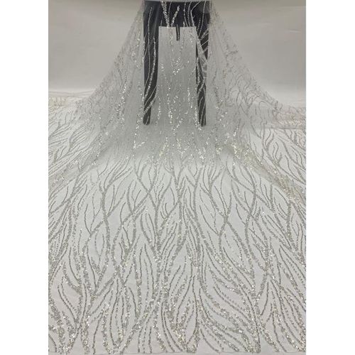 5yards Soft White Tulle Mesh Silvery Sequins Beaded Lace Fabric Party Dress Sewing Accessory Wedding Dress Material