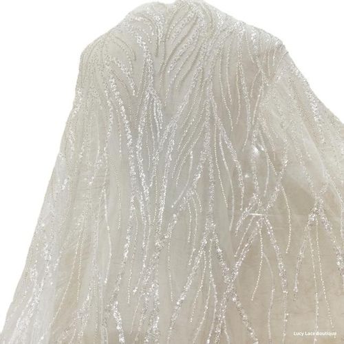5yards Soft White Tulle Mesh Silvery Sequins Beaded Lace Fabric Party Dress Sewing Accessory Wedding Dress Material