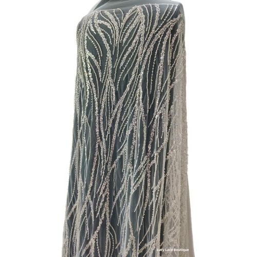 5yards Soft White Tulle Mesh Silvery Sequins Beaded Lace Fabric Party Dress Sewing Accessory Wedding Dress Material