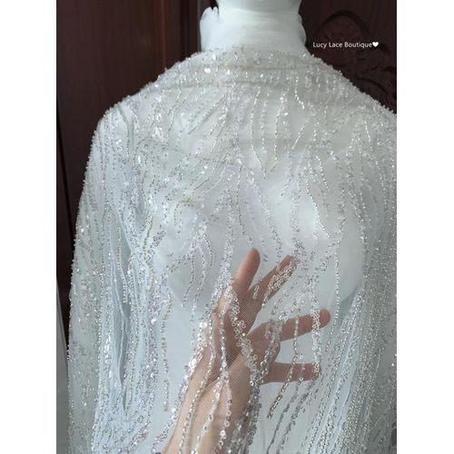 5yards Soft White Tulle Mesh Silvery Sequins Beaded Lace Fabric Party Dress Sewing Accessory Wedding Dress Material
