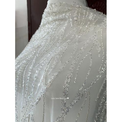 5yards Soft White Tulle Mesh Silvery Sequins Beaded Lace Fabric Party Dress Sewing Accessory Wedding Dress Material