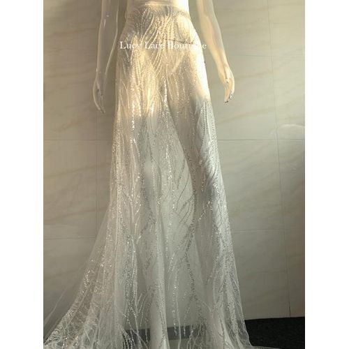 5yards Soft White Tulle Mesh Silvery Sequins Beaded Lace Fabric Party Dress Sewing Accessory Wedding Dress Material