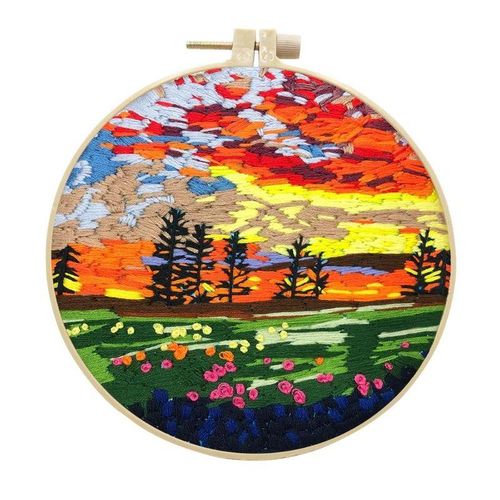 Starter Embroidery Kit Scenery Pattern Diy Beginner Embroidery Kits Handcraft Needlework Sewing Hand Cross Stitch Set With Hoop