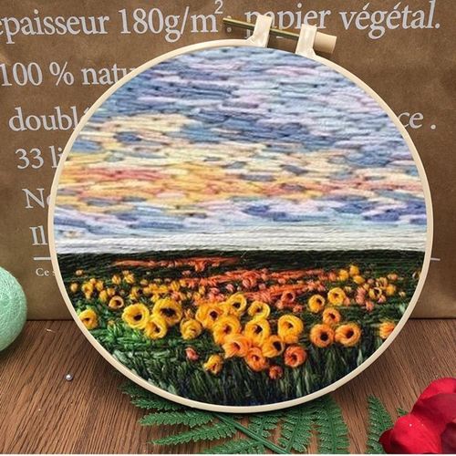 Starter Embroidery Kit Scenery Pattern Diy Beginner Embroidery Kits Handcraft Needlework Sewing Hand Cross Stitch Set With Hoop