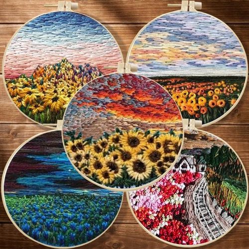 Starter Embroidery Kit Scenery Pattern Diy Beginner Embroidery Kits Handcraft Needlework Sewing Hand Cross Stitch Set With Hoop