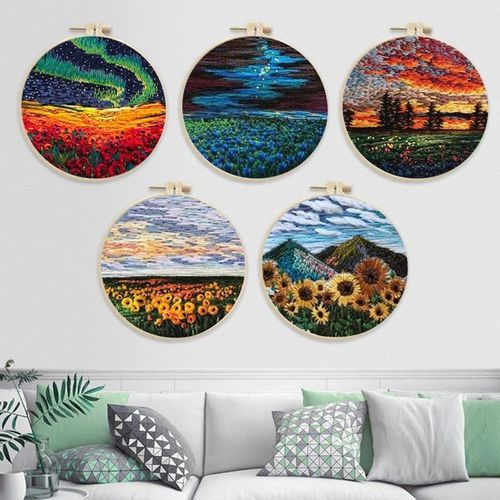 Starter Embroidery Kit Scenery Pattern Diy Beginner Embroidery Kits Handcraft Needlework Sewing Hand Cross Stitch Set With Hoop