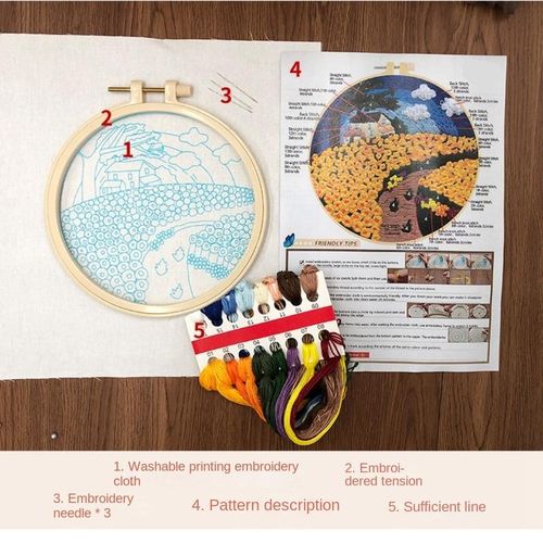 Starter Embroidery Kit Scenery Pattern Diy Beginner Embroidery Kits Handcraft Needlework Sewing Hand Cross Stitch Set With Hoop