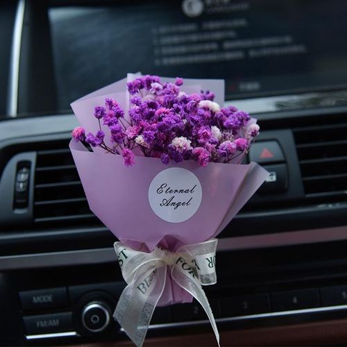 Small Bouquet Dried Eternal Flowers Car Interior Air Outlet Fragrance Clip Car Decoration Ornaments-Purple_Gold