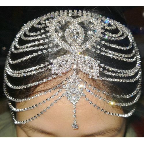 Bridal Headpiece Crystal Rhinestone Chain Flapper Cap Wedding Hair Accessories Party Backside Forehead Band Piece Jewelry