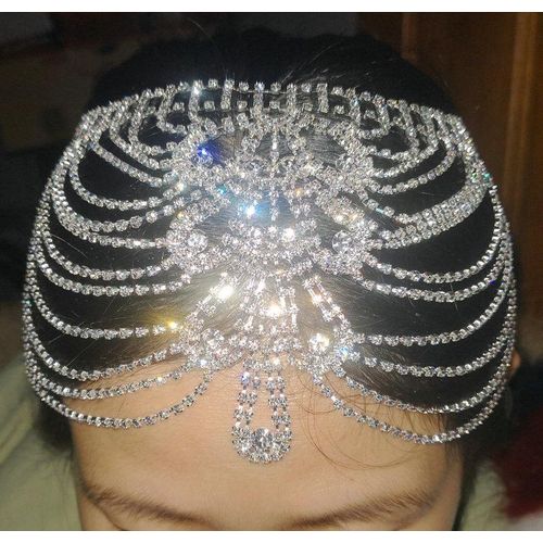 Bridal Headpiece Crystal Rhinestone Chain Flapper Cap Wedding Hair Accessories Party Backside Forehead Band Piece Jewelry