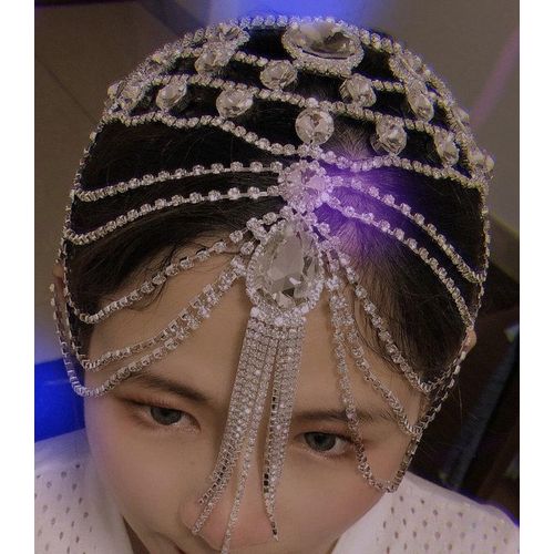 Bridal Headpiece Crystal Rhinestone Chain Flapper Cap Wedding Hair Accessories Party Backside Forehead Band Piece Jewelry