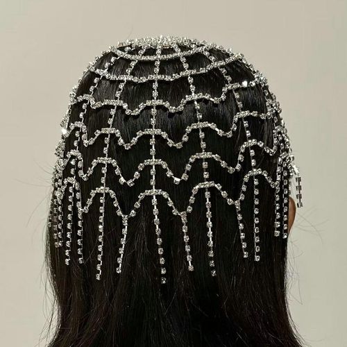 Bridal Headpiece Crystal Rhinestone Chain Flapper Cap Wedding Hair Accessories Party Backside Forehead Band Piece Jewelry