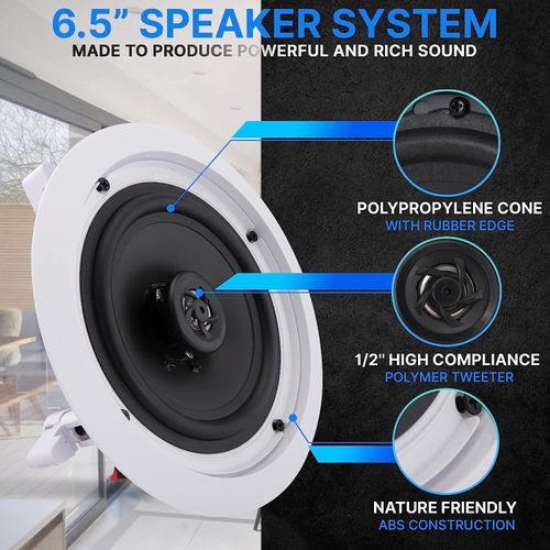 Pyle Pair 6.5 Flush Mount In-wall In-ceiling 2-Way Home Speaker System Spring Loaded Quick Connections Dual Polypropylene Cone Polymer Tweeter Stereo Sound 200 Watts White, wired