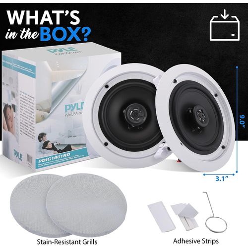 Pyle Pair 6.5 Flush Mount In-wall In-ceiling 2-Way Home Speaker System Spring Loaded Quick Connections Dual Polypropylene Cone Polymer Tweeter Stereo Sound 200 Watts White, wired