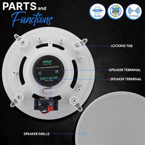 Pyle Pair 6.5 Flush Mount In-wall In-ceiling 2-Way Home Speaker System Spring Loaded Quick Connections Dual Polypropylene Cone Polymer Tweeter Stereo Sound 200 Watts White, wired