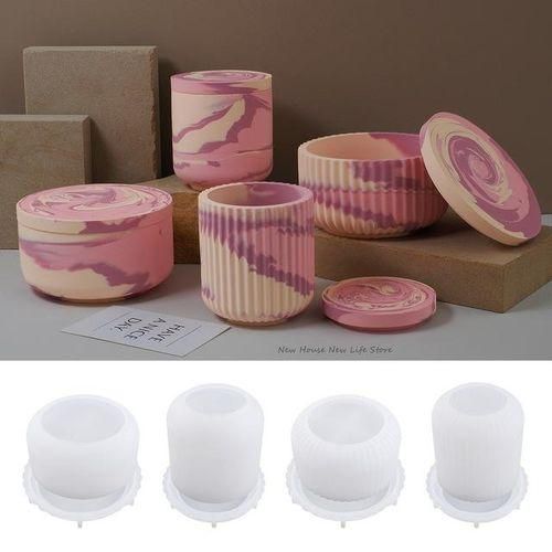 Concrete Candle Jar Silicone Mold Cylindrical Stripe Design Flowerpot Cement Molds Pen Holder Storage Epoxy Resin Mold