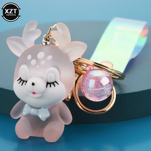 Creative Cute Sika Deer Flashlight Keychain Women Animal Elk Key Chain Lanyard Led Car Key Ring Holder Bag Charms Pendant Gift-Pink