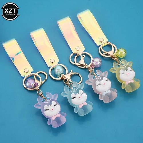 Creative Cute Sika Deer Flashlight Keychain Women Animal Elk Key Chain Lanyard Led Car Key Ring Holder Bag Charms Pendant Gift-Pink