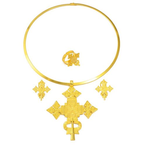 Anniyo-Gargantillas Redondas De Cruz Grande Para Mujer Pendientes De Anillo Ajustable Conjuntos De Joyer&iacute;a De Color Plateado/dorado Africano Et&iacute;ope Erireo Habesha 333806