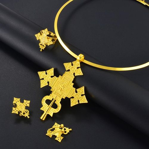 Anniyo-Gargantillas Redondas De Cruz Grande Para Mujer Pendientes De Anillo Ajustable Conjuntos De Joyería De Color Plateado/dorado Africano Etíope Erireo Habesha 333806